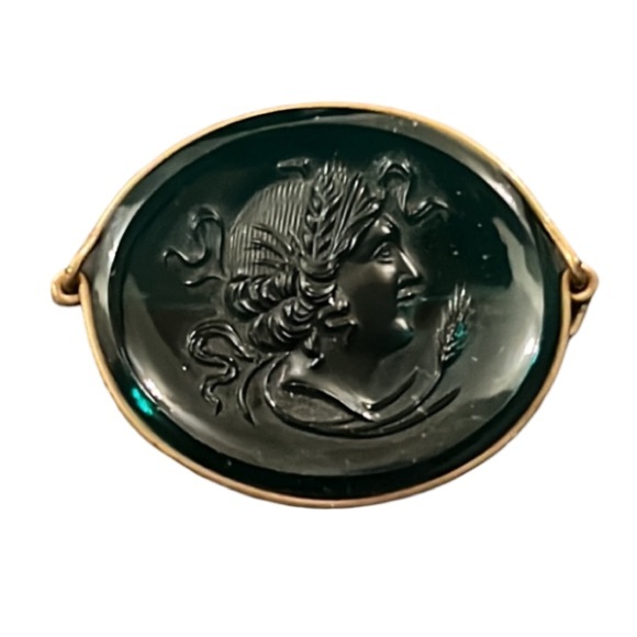 Antique Victorian Green Indigo Glass Oval Lady Cameo Gold Filled Brooch - Picture 3 of 6